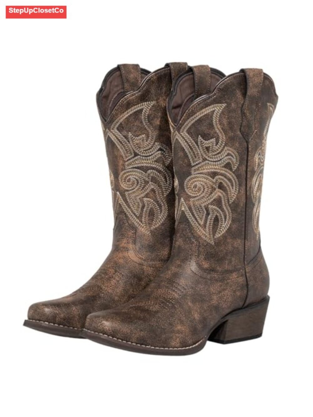 Wide Calf Square Toe Cowboy Boots Faux Leather Floral Cuff Mid-Calf